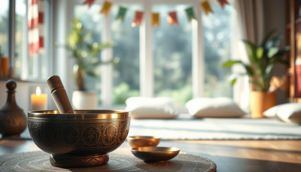 A serene setting showcasing a Tibetan singing bowl prominently in the foreground, glistening in soft, natural light that highlights its intricate carvings and rich textures. Surround the bowl with a few meditative elements like a lit candle and a small mandala. In the middle ground, include a blurred view of a calming room with subtle prayer flags and soft cushions, evoking a peaceful atmosphere. In the background, a large window lets in warm sunlight, illuminating a gentle, tranquil space filled with plants. The overall mood conveys harmony and mindfulness, ideal for meditation practices. Use a shallow depth of field to focus on the bowl while softly blurring the background, creating an inviting and contemplative ambiance.