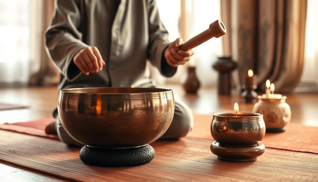A serene setting showcasing the technique of striking a Tibetan singing bowl. In the foreground, a skilled practitioner, dressed in modest clothing, gently strikes the bowl with a wooden mallet, focusing on the bowl's intricate designs. The bowl is made of bronze, reflecting soft, warm light. In the middle ground, rich textures of a meditation mat and peaceful props such as candles and incense enhance the scene, creating a calming atmosphere. The background features softly blurred elements of a tranquil room, with natural light filtering through sheer curtains, casting a gentle glow that evokes a sense of mindfulness and tranquility. The mood is peaceful and contemplative, inviting viewers to explore the art of meditation.