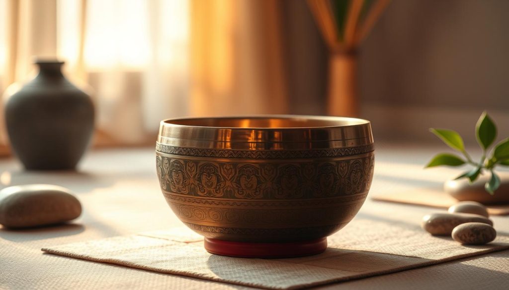 A serene still life composition featuring a beautifully crafted Tibetan singing bowl, gleaming with intricate engravings, positioned centrally on a softly textured meditation mat. Surround the bowl with gentle vibrations visually emanating from its surface, depicted as subtle waves of light and color, symbolizing sound and energy. In the background, a softly lit, peaceful environment evokes a tranquil atmosphere, with warm, diffused sunlight filtering through sheer curtains. The setting includes a few natural elements, like smooth stones and gentle green plants, enhancing the calming mood. Capture the image from a slightly elevated angle, with a shallow depth of field to focus on the bowl, emphasizing its detailed craftsmanship. The overall color palette should be warm and inviting, reflecting tranquility and spiritual harmony. A serene still life composition featuring a beautifully crafted Tibetan singing bowl, gleaming with intricate engravings, positioned centrally on a softly textured meditation mat. Surround the bowl with gentle vibrations visually emanating from its surface, depicted as subtle waves of light and color, symbolizing sound and energy. In the background, a softly lit, peaceful environment evokes a tranquil atmosphere, with warm, diffused sunlight filtering through sheer curtains. The setting includes a few natural elements, like smooth stones and gentle green plants, enhancing the calming mood. Capture the image from a slightly elevated angle, with a shallow depth of field to focus on the bowl, emphasizing its detailed craftsmanship. The overall color palette should be warm and inviting, reflecting tranquility and spiritual harmony.