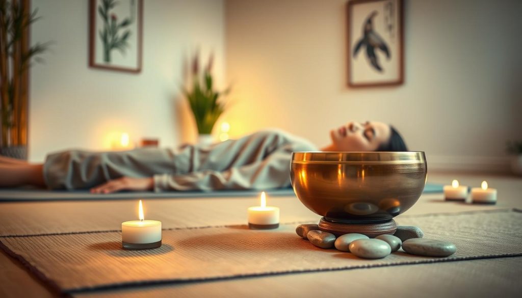 A serene, tranquil scene depicting a relaxing sound massage session with a Tibetan singing bowl. In the foreground, a person lies on a comfortable mat, dressed in modest, casual clothing, eyes closed, radiating calmness. The middle ground features a soft, elegantly arranged Tibetan singing bowl with gentle light reflecting off its surface, along with smooth pebbles and a few lit candles giving off a warm glow. In the background, a softly lit room adorned with natural elements like bamboo plants and peaceful artwork enhances the zen-like atmosphere. The lighting is soft and diffused, creating a soothing ambiance to evoke a sense of deep relaxation and inner peace. Capture this peaceful experience with a slight focus on the singing bowl, from a warm angle that invites viewers into the scene. A serene, tranquil scene depicting a relaxing sound massage session with a Tibetan singing bowl. In the foreground, a person lies on a comfortable mat, dressed in modest, casual clothing, eyes closed, radiating calmness. The middle ground features a soft, elegantly arranged Tibetan singing bowl with gentle light reflecting off its surface, along with smooth pebbles and a few lit candles giving off a warm glow. In the background, a softly lit room adorned with natural elements like bamboo plants and peaceful artwork enhances the zen-like atmosphere. The lighting is soft and diffused, creating a soothing ambiance to evoke a sense of deep relaxation and inner peace. Capture this peaceful experience with a slight focus on the singing bowl, from a warm angle that invites viewers into the scene.