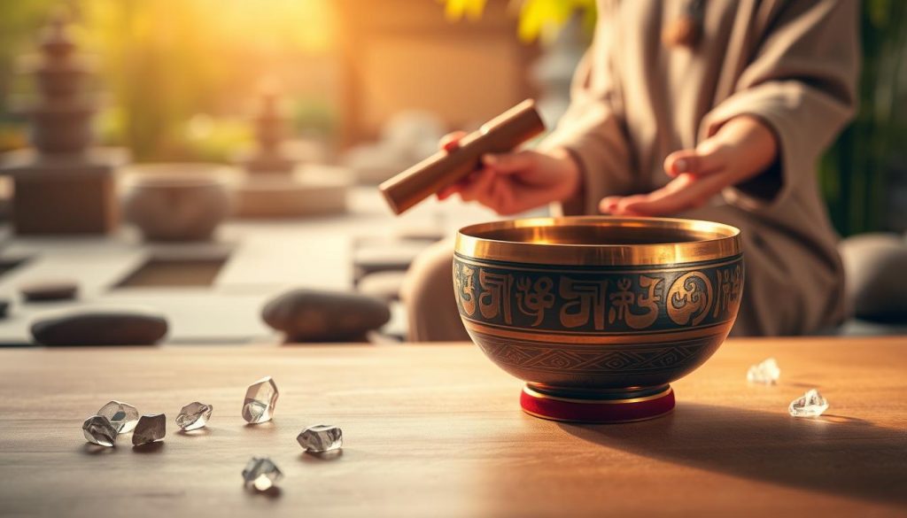 A tranquil scene depicting a Tibetan singing bowl set on a soft, natural wooden surface. In the foreground, the vibrant, polished bowl reflects subtle light, showcasing intricate carvings of ancient symbols. Surrounding the bowl, scattered crystals emit a gentle glow, enhancing the meditative atmosphere. In the middle ground, a pair of hands, adorned in modest, casual attire, delicately hold a mallet poised above the bowl, ready to create resonant vibrations. The background fades to a serene, softly blurred landscape of Zen gardens or soothing natural elements like green bamboo or smooth stones, evoking a sense of peace and mindfulness. The overall lighting is soft and warm, casting a golden hue throughout the scene, with a calm and soothing ambiance that invites relaxation and meditation.