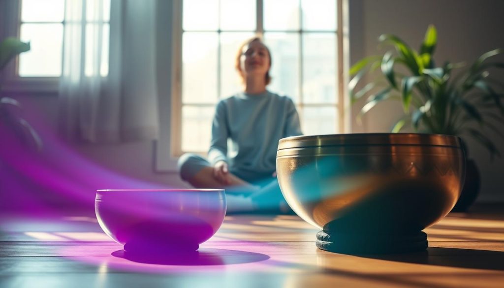 A tranquil scene illustrating the benefits of sound vibrations, featuring a Tibetan singing bowl in the foreground, surrounded by gently diffusing waves of colorful light emanating from the bowl. The middle ground showcases a serene individual in modest, casual clothing, sitting cross-legged with eyes closed, experiencing the soothing effects of the sound vibrations. Soft shadows are cast by natural light filtering in through a nearby window, creating a warm and inviting atmosphere. The background incorporates elements of nature such as soft greenery and hints of soft clouds, contributing to an overall sense of peace and mindfulness. The image should evoke feelings of calm, relaxation, and spiritual well-being, with a focus on the harmony between body and mind. A tranquil scene illustrating the benefits of sound vibrations, featuring a Tibetan singing bowl in the foreground, surrounded by gently diffusing waves of colorful light emanating from the bowl. The middle ground showcases a serene individual in modest, casual clothing, sitting cross-legged with eyes closed, experiencing the soothing effects of the sound vibrations. Soft shadows are cast by natural light filtering in through a nearby window, creating a warm and inviting atmosphere. The background incorporates elements of nature such as soft greenery and hints of soft clouds, contributing to an overall sense of peace and mindfulness. The image should evoke feelings of calm, relaxation, and spiritual well-being, with a focus on the harmony between body and mind.