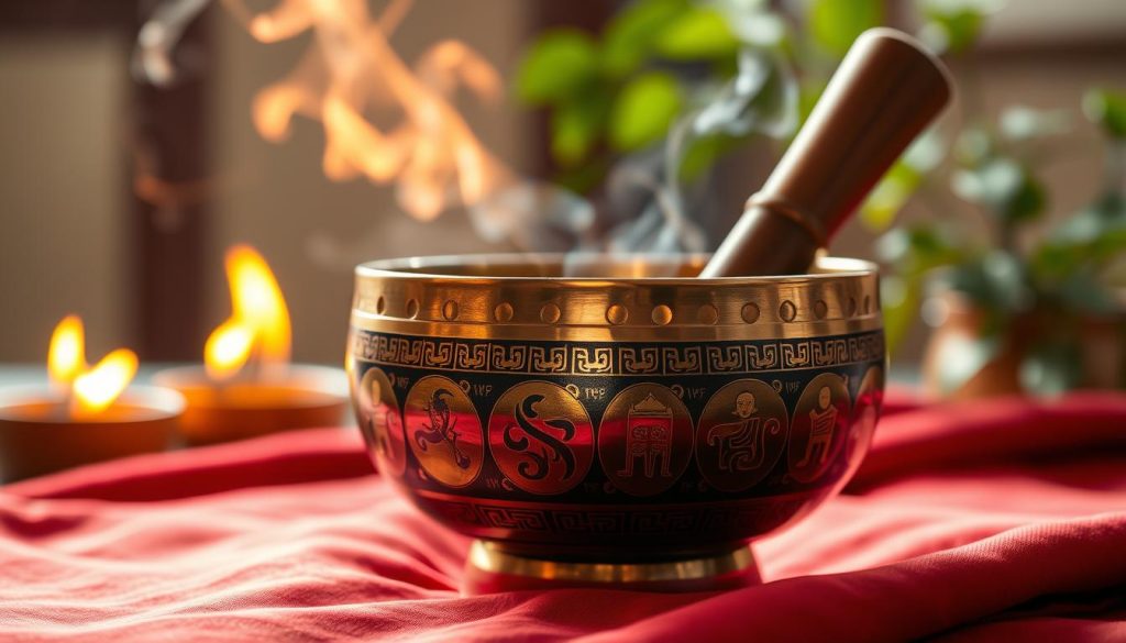 A beautifully crafted Tibetan singing bowl, intricately detailed with sacred symbols and patterns shimmering in gold and bronze hues. The bowl is placed on a soft, vibrant fabric, highlighting its rich texture. In the background, softly blurred is a serene environment, featuring incense smoke curling gently into the air, and a subtle hint of lush greenery. The lighting is warm and inviting, casting soft shadows that enhance the bowl's curves. A close-up perspective captures the elegance of the bowl’s craftsmanship, while the overall atmosphere conveys a sense of tranquility and spirituality. The image should evoke a feeling of peaceful meditation, emphasizing the unique, handmade quality of authentic Tibetan singing bowls, suitable for a discerning buyer.