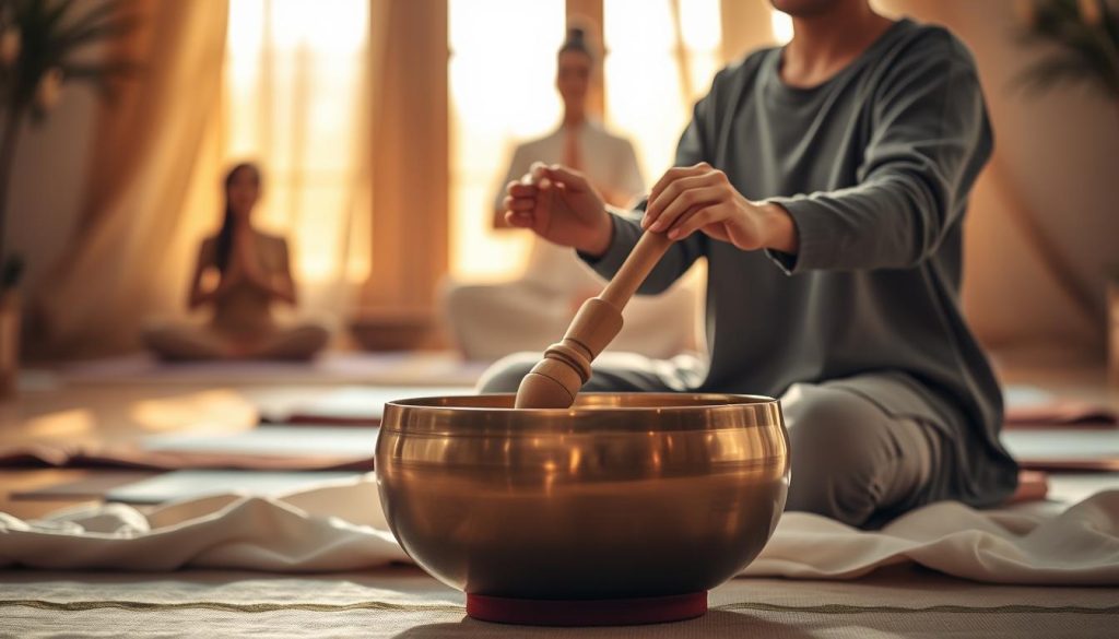 A serene Tibetan singing bowl sits prominently in the foreground, delicately polished and reflecting subtle hints of light. A skilled practitioner, dressed in modest casual clothing, is gently striking the bowl with a mallet, their focused expression radiating a sense of calm and mastery. In the middle ground, soft, flowing fabric drapes elegantly around the scene, enhancing the tranquil atmosphere. The background features blurred silhouettes of a peaceful meditation space, with warm golden lighting filtering through a window, casting gentle shadows. The overall mood is one of relaxation and mindfulness, inviting the viewer to feel the harmony associated with mastering the technique of playing the Tibetan bowl. A serene Tibetan singing bowl sits prominently in the foreground, delicately polished and reflecting subtle hints of light. A skilled practitioner, dressed in modest casual clothing, is gently striking the bowl with a mallet, their focused expression radiating a sense of calm and mastery. In the middle ground, soft, flowing fabric drapes elegantly around the scene, enhancing the tranquil atmosphere. The background features blurred silhouettes of a peaceful meditation space, with warm golden lighting filtering through a window, casting gentle shadows. The overall mood is one of relaxation and mindfulness, inviting the viewer to feel the harmony associated with mastering the technique of playing the Tibetan bowl.