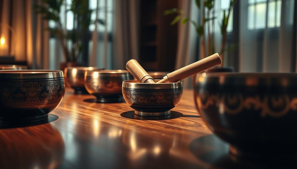 A serene and contemplative scene showcasing a collection of Tibetan singing bowls placed on a polished wooden table, with a warm, soft light illuminating their intricate designs. The foreground features a close-up of several bowls, highlighting their unique engravings and textures, creating an inviting atmosphere. In the middle ground, a hand gently taps one of the bowls with a mallet, generating subtle vibrations. The background introduces a tranquil setting, perhaps a softly blurred view of a peaceful room with bamboo plants and soft fabric drapes, enhancing the mood of mindfulness and reflection. The overall ambiance is peaceful yet slightly cautionary, encouraging viewers to consider the authenticity of second-hand purchases in a market filled with potential risks.