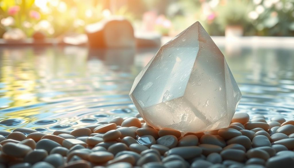A serene and ethereal scene featuring a large, luminous crystal surrounded by soft waves of water, reflecting vibrant colors. In the foreground, the crystal sits on a bed of smooth pebbles, shimmering with iridescent hues. The middle ground showcases gentle ripples in the water, creating a sense of movement and fluidity. In the background, a tranquil garden with lush greenery and delicate flowers enhances the peaceful atmosphere. Soft, diffused lighting bathes the scene, casting gentle shadows and highlighting the crystal's facets. The overall mood is calming and contemplative, inviting the viewer to explore themes of meditation and tranquility, with an emphasis on harmony and balance. The composition captures the essence of vibrations and resonance.