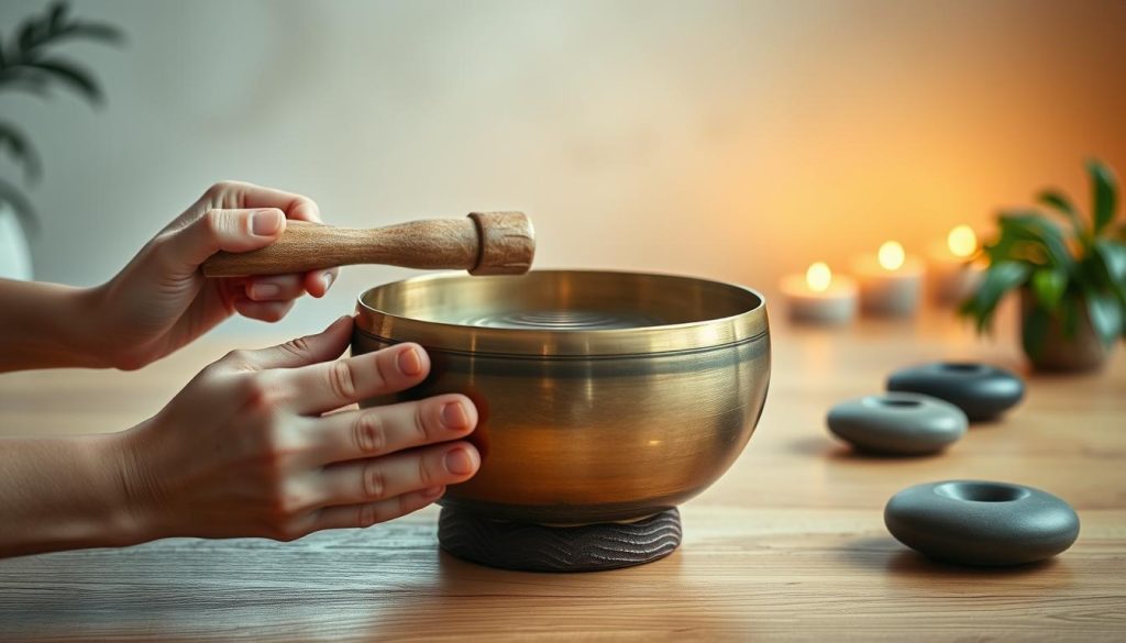 A serene and tranquil scene featuring a Tibetan singing bowl resting atop a natural wooden table. In the foreground, a pair of hands gently holds the mallet, poised to strike the bowl, creating ripples on the surface. The middle ground shows the bowl emitting soft, ethereal waves of sound, illustrated by gentle lines emanating outward. The background includes a softly lit meditation space filled with warm, ambient light, adorned with peaceful elements such as smooth stones, incense holders, and green plants, creating a calming atmosphere. The image conveys a sense of harmony and tranquility, inviting viewers to reflect on overcoming challenges associated with using a Tibetan bowl, captured in a close-up angle to emphasize the details. Soft, diffused lighting enhances the mood.
