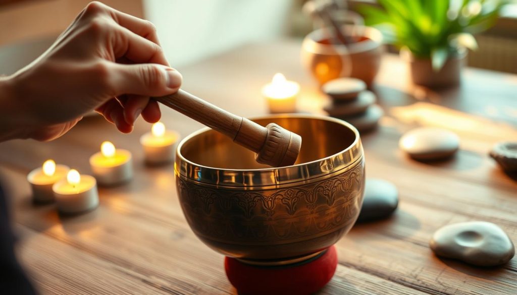 A serene, focused scene depicting a person gently frotting a Tibetan singing bowl to make it resonate. In the foreground, a hand delicately holds a wooden mallet against the rim of a beautifully designed, ornate singing bowl, with its polished brass surface reflecting a warm glow. The middle ground features blurred elements to suggest tranquility, like softly lit candles and subtle incense smoke curling upwards. In the background, a softly illuminated, calming space is adorned with natural elements such as stones and lush, green plants, creating a peaceful atmosphere. The lighting is warm and inviting, resembling the golden hour, while the angle captures the intimate connection between the person and the bowl, emphasizing the meditative practice. A serene, focused scene depicting a person gently frotting a Tibetan singing bowl to make it resonate. In the foreground, a hand delicately holds a wooden mallet against the rim of a beautifully designed, ornate singing bowl, with its polished brass surface reflecting a warm glow. The middle ground features blurred elements to suggest tranquility, like softly lit candles and subtle incense smoke curling upwards. In the background, a softly illuminated, calming space is adorned with natural elements such as stones and lush, green plants, creating a peaceful atmosphere. The lighting is warm and inviting, resembling the golden hour, while the angle captures the intimate connection between the person and the bowl, emphasizing the meditative practice.