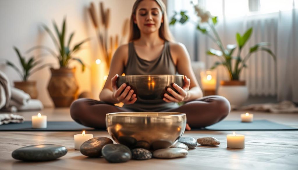 A serene indoor setting featuring a person seated comfortably in a yoga pose, practicing posture relaxation with a Tibetan singing bowl. The foreground shows the individual, dressed in modest yoga attire, gently cradling the bowl in their hands with closed eyes, radiating calmness and focus. In the middle ground, the Tibetan singing bowl gleams softly, reflecting warm candlelight from nearby candles, surrounded by a few smooth river stones. The background features softly blurred elements of a tranquil space, such as plants and softly draped fabrics, illuminated by natural light streaming in through a window. The overall atmosphere conveys peace and mindfulness, inviting viewers to embrace the essence of relaxation and meditation.