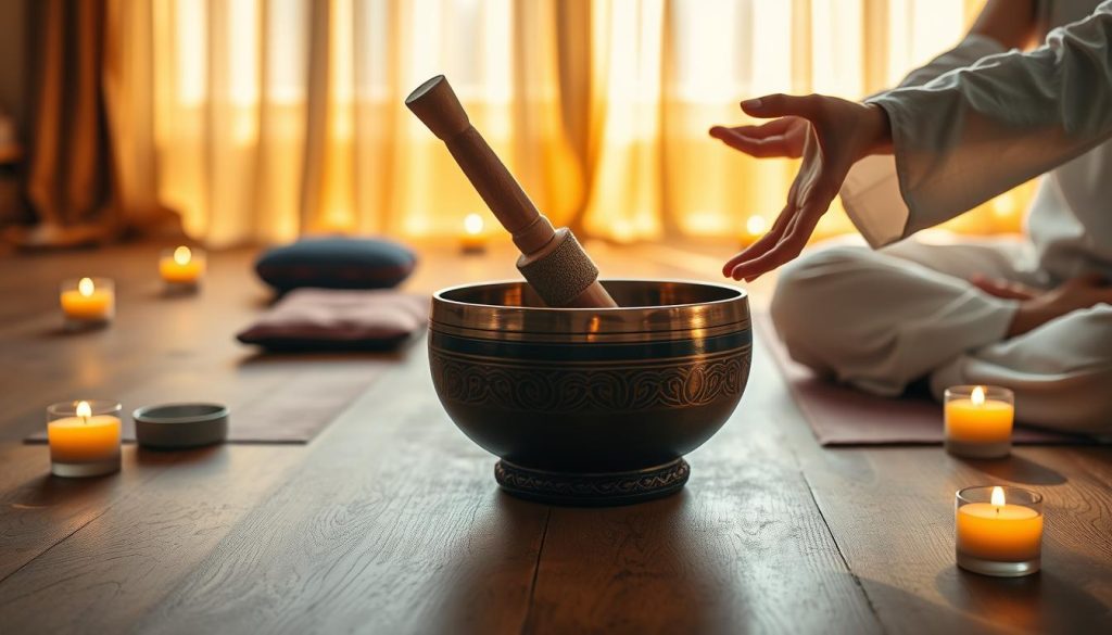 A serene meditation space featuring a close-up of a beautifully crafted Tibetan singing bowl on a wooden table. The bowl is surrounded by delicate, colorful meditation cushions and softly glowing candles, creating an inviting atmosphere. In the background, warm sunlight filters through a sheer curtain, casting gentle patterns on the floor. A pair of hands, dressed in simple yet elegant attire, gracefully strike the bowl with a mallet, while the other hand gently glides around the bowl's outer edge, demonstrating the techniques of striking and rubbing. The image captures the essence of tranquility and mindfulness, inviting viewers into the peaceful world of Tibetan meditation practices. The focus is on texture and light, with a shallow depth of field that softens the background.