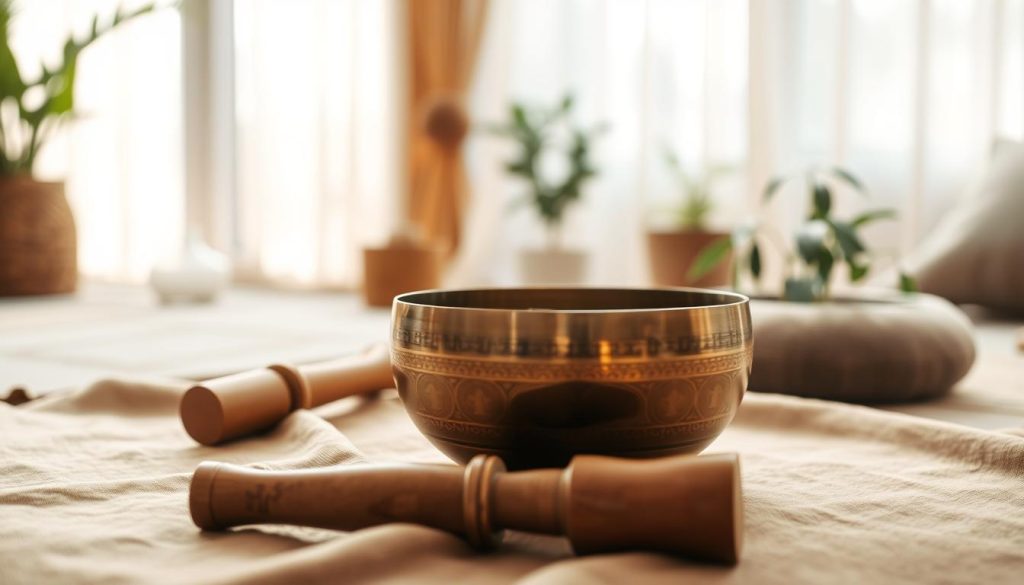 A serene scene centered around a Tibetan singing bowl, resting on a soft, textured fabric in earthy tones. In the foreground, the bowl gleams softly, reflecting gentle light, with intricate engravings visible on its surface. Next to it, a wooden mallet lies partially in the frame, hinting at its intended use. The middle ground showcases a calm indoor space adorned with subtle greenery and warm wooden accents, creating a peaceful atmosphere. The background features soft, diffused light filtering through sheer curtains, enhancing the tranquility of the scene. The overall mood is soothing and meditative, inviting the viewer to explore the practice of using a Tibetan singing bowl effortlessly. The composition should evoke a sense of calm and relaxation, to inspire usage techniques effectively. A serene scene centered around a Tibetan singing bowl, resting on a soft, textured fabric in earthy tones. In the foreground, the bowl gleams softly, reflecting gentle light, with intricate engravings visible on its surface. Next to it, a wooden mallet lies partially in the frame, hinting at its intended use. The middle ground showcases a calm indoor space adorned with subtle greenery and warm wooden accents, creating a peaceful atmosphere. The background features soft, diffused light filtering through sheer curtains, enhancing the tranquility of the scene. The overall mood is soothing and meditative, inviting the viewer to explore the practice of using a Tibetan singing bowl effortlessly. The composition should evoke a sense of calm and relaxation, to inspire usage techniques effectively.