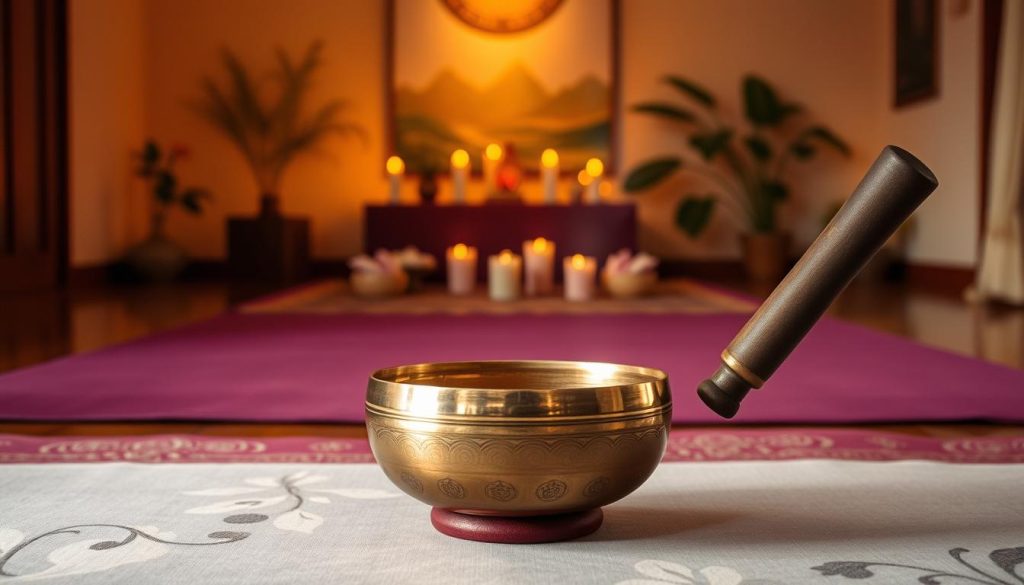 A serene setting featuring a Tibetan singing bowl in the foreground, elegantly crafted from brass with intricate engravings. The bowl is positioned on a soft, richly colored meditation mat adorned with subtle patterns, reflecting tranquility. In the middle ground, an inviting, softly lit room with warm, golden hues showcases a small altar with candles and incense, enhancing the meditative atmosphere. The background includes serene elements like a softly blurred depiction of nature, perhaps gentle greenery or mountains, suggesting a connection to the earth. Use soft, natural lighting to create a calm, peaceful mood, and capture the scene from a slightly elevated angle, emphasizing the bowl's beauty and the ambience of relaxation.