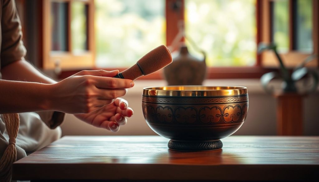 A serene, well-lit room featuring a beautifully crafted Tibetan singing bowl on a wooden table. In the foreground, a pair of gentle hands, dressed in simple, modest clothing, skillfully demonstrate the technique of playing the bowl, using a suede mallet to create soothing sound vibrations. In the middle ground, the singing bowl is highlighted, displaying intricate designs and an iridescent finish that reflects warm, ambient light, enhancing the visual texture. The background is softly blurred, revealing subtle hints of lush greenery through an open window, suggesting a tranquil outdoor setting. The overall mood is peaceful and meditative, evoking a sense of relaxation and mindfulness. The lighting is soft and warm, casting gentle shadows that add depth to the scene.