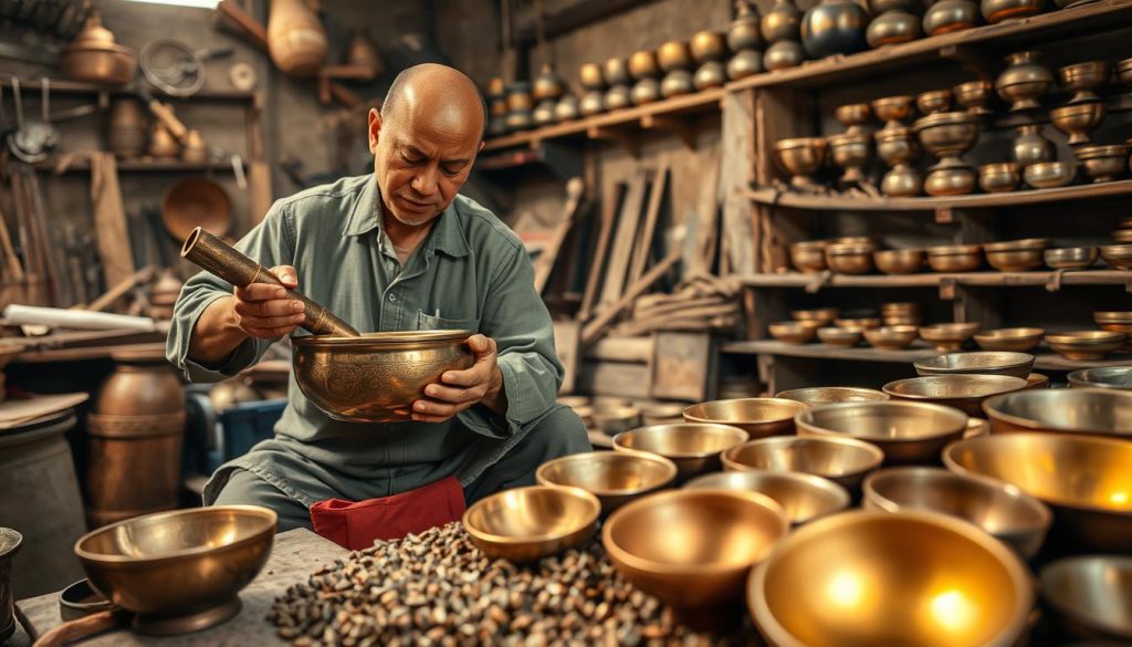 A skilled artisan meticulously hammering a bronze Tibetan bowl in the foreground, showcasing the intricate craftsmanship involved in traditional metalworking. The artisan, dressed in modest, comfortable clothing, is focused on the bowl, which reflects the warm glow of soft, ambient lighting. In the middle ground, an array of various metal alloys, including copper, tin, and a subtle touch of gold, are artistically arranged, suggesting their use in creating these prized bowls. The background features a rustic workshop filled with tools, textures of wood and metal, and shelves lined with completed bowls, creating an atmosphere of authenticity and craftsmanship. The overall mood is serene and dedicated, conveying the rich tradition and artistry associated with the making of Tibetan bowls.