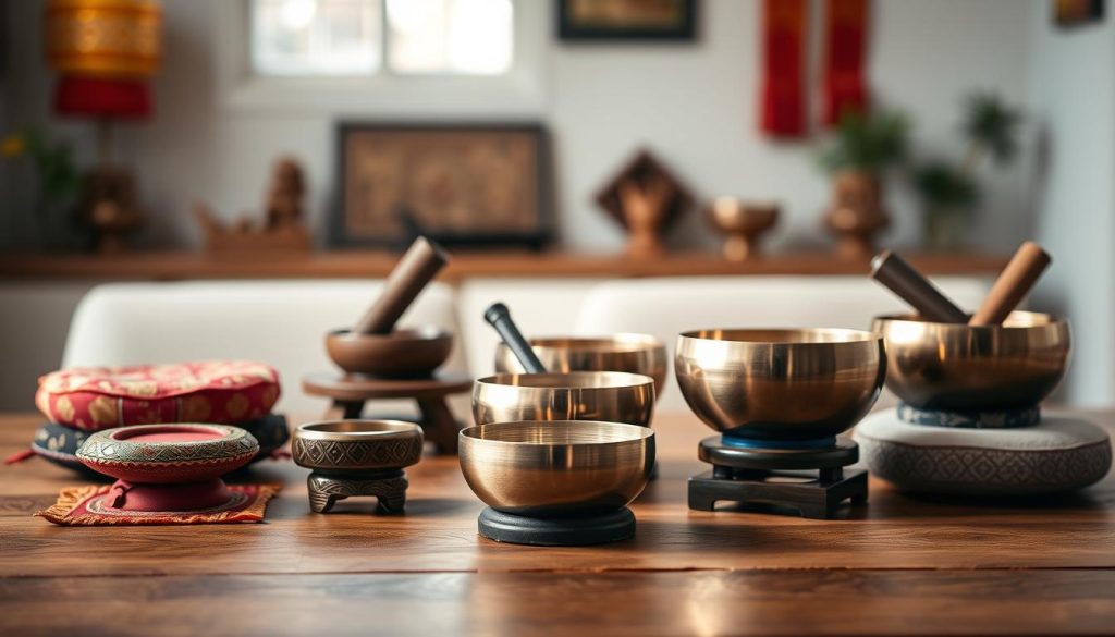 A beautifully arranged collection of Tibetan singing bowl supports displayed thoughtfully on a wooden table. In the foreground, showcase various types of supports, such as colorful silk cushions, intricate wooden stands, and soft felt pads. Each support is artistically arranged to highlight its unique design and craftsmanship. In the middle ground, softly blurred Tibetan singing bowls sit atop some of the supports, their metallic surfaces reflecting gentle light, adding a touch of warmth. In the background, a tranquil, softly lit room with subtle traditional Tibetan decorations creates a serene atmosphere. The lighting exudes a calm ambiance, emphasizing the craftsmanship of the supports while evoking a sense of peace and mindfulness. Use a shallow depth of field to draw focus to the supports while maintaining a cohesive and inviting feel throughout the image. A beautifully arranged collection of Tibetan singing bowl supports displayed thoughtfully on a wooden table. In the foreground, showcase various types of supports, such as colorful silk cushions, intricate wooden stands, and soft felt pads. Each support is artistically arranged to highlight its unique design and craftsmanship. In the middle ground, softly blurred Tibetan singing bowls sit atop some of the supports, their metallic surfaces reflecting gentle light, adding a touch of warmth. In the background, a tranquil, softly lit room with subtle traditional Tibetan decorations creates a serene atmosphere. The lighting exudes a calm ambiance, emphasizing the craftsmanship of the supports while evoking a sense of peace and mindfulness. Use a shallow depth of field to draw focus to the supports while maintaining a cohesive and inviting feel throughout the image.