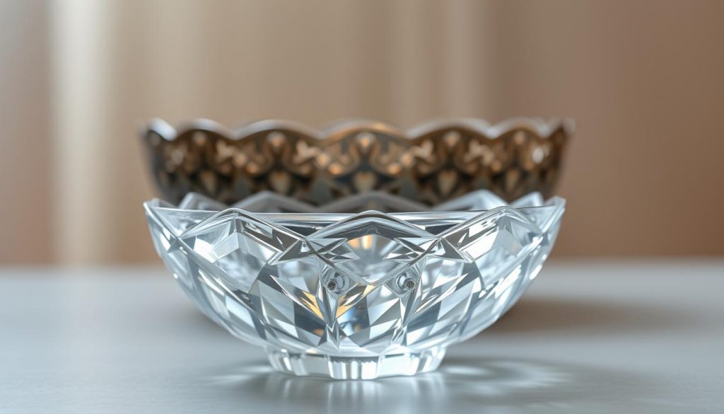 A beautifully crafted Tibetan crystal bowl, showcasing its intricate facets and transparency, is placed prominently in the foreground, glistening under soft, natural light. The bowl, with its delicate hues refracting through the crystal, should exhibit a sense of elegance and serenity. In the middle ground, a subtle contrast can be seen with an opulent metal bowl, positioned slightly behind, symbolizing the differences in composition. The background should be softly blurred, featuring muted tones to enhance the focus on the bowls, evoking a calming atmosphere. Utilize a shallow depth of field, soft lighting, and a gentle focus to create an ethereal ambiance, allowing viewers to appreciate the distinct materials and craftsmanship of the crystal bowl compared to the metallic one. A beautifully crafted Tibetan crystal bowl, showcasing its intricate facets and transparency, is placed prominently in the foreground, glistening under soft, natural light. The bowl, with its delicate hues refracting through the crystal, should exhibit a sense of elegance and serenity. In the middle ground, a subtle contrast can be seen with an opulent metal bowl, positioned slightly behind, symbolizing the differences in composition. The background should be softly blurred, featuring muted tones to enhance the focus on the bowls, evoking a calming atmosphere. Utilize a shallow depth of field, soft lighting, and a gentle focus to create an ethereal ambiance, allowing viewers to appreciate the distinct materials and craftsmanship of the crystal bowl compared to the metallic one.