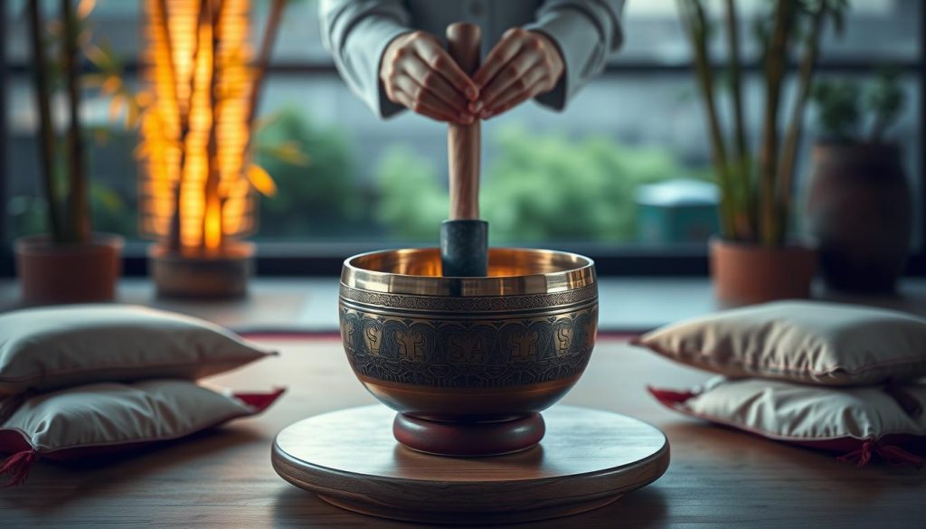 A beautifully polished Tibetan singing bowl sits elegantly centered in the foreground, reflecting soft, ambient lighting that highlights its intricate engravings. The bowl is on a natural wooden surface, surrounded by delicate, colorful silk cushions that add warmth to the scene. In the middle ground, a pair of delicate hands, dressed in simple, professional attire, gently holds a mallet poised above the bowl, illustrating the act of inviting sound. The background features a serene, soft-focus arrangement of subtle bamboo plants and a hint of a tranquil outdoor setting, suggesting a peaceful atmosphere. The overall mood is calm and introspective, emphasizing the silence surrounding the bowl and the anticipation of sound. The lighting is warm and diffuse, evoking a sense of tranquility and mindfulness. A beautifully polished Tibetan singing bowl sits elegantly centered in the foreground, reflecting soft, ambient lighting that highlights its intricate engravings. The bowl is on a natural wooden surface, surrounded by delicate, colorful silk cushions that add warmth to the scene. In the middle ground, a pair of delicate hands, dressed in simple, professional attire, gently holds a mallet poised above the bowl, illustrating the act of inviting sound. The background features a serene, soft-focus arrangement of subtle bamboo plants and a hint of a tranquil outdoor setting, suggesting a peaceful atmosphere. The overall mood is calm and introspective, emphasizing the silence surrounding the bowl and the anticipation of sound. The lighting is warm and diffuse, evoking a sense of tranquility and mindfulness.