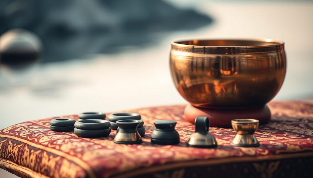 A close-up view of a Tibetan singing bowl placed on an elegant, ornate cushion. The bowl is surrounded by various adapters in different sizes and shapes, showcasing their purpose in supporting the instrument's height for optimal sound. In the foreground, highlight the textures of the cushion and the polished surface of the singing bowl, reflecting warm, soft lighting that creates a serene ambiance. In the middle ground, display the adapters arranged neatly, emphasizing their functional design, while subtle shadows add depth. The background features a tranquil, softly blurred environment, perhaps hinting at a meditative space. The overall mood is peaceful and reflective, suitable for illustrating a deep understanding of instrument support and usage. A close-up view of a Tibetan singing bowl placed on an elegant, ornate cushion. The bowl is surrounded by various adapters in different sizes and shapes, showcasing their purpose in supporting the instrument's height for optimal sound. In the foreground, highlight the textures of the cushion and the polished surface of the singing bowl, reflecting warm, soft lighting that creates a serene ambiance. In the middle ground, display the adapters arranged neatly, emphasizing their functional design, while subtle shadows add depth. The background features a tranquil, softly blurred environment, perhaps hinting at a meditative space. The overall mood is peaceful and reflective, suitable for illustrating a deep understanding of instrument support and usage.
