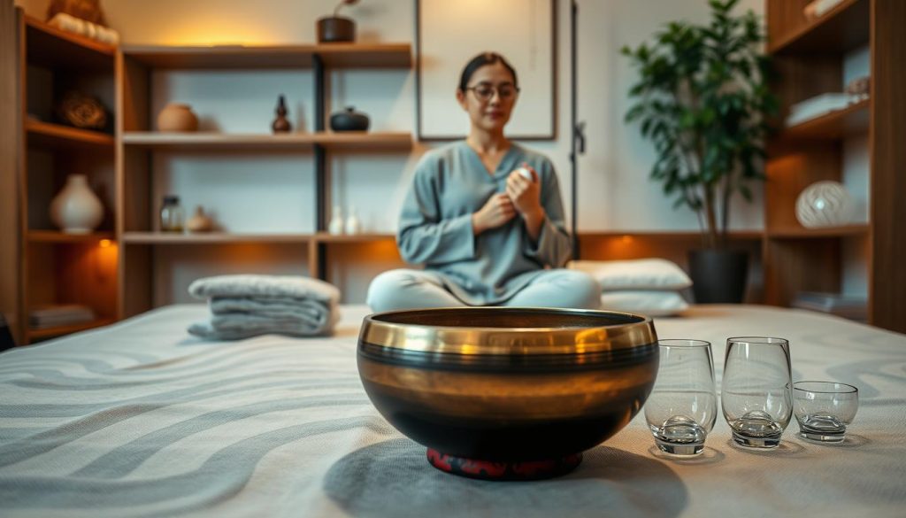 A serene and calming therapy room, focused on the practice of "ventouse massage sonore." In the foreground, a tibetan singing bowl sits elegantly on a soft, natural fabric surface, with delicate waves of sound depicted visually around it. A set of ventouse cups made of glass are arranged nearby, showcasing their clear, smooth surfaces and varying sizes. In the middle ground, a professional therapist, dressed in modest casual clothing, appears concentrated as they prepare the session, gently holding a ventouse cup. The background features warm, ambient lighting, with wooden shelves displaying traditional therapeutic tools and a peaceful plant arrangement, creating a holistic atmosphere. The mood is tranquil and inviting, emphasizing wellness and the therapeutic benefits of sound and suction. Capture this from a slightly elevated angle for depth. A serene and calming therapy room, focused on the practice of "ventouse massage sonore." In the foreground, a tibetan singing bowl sits elegantly on a soft, natural fabric surface, with delicate waves of sound depicted visually around it. A set of ventouse cups made of glass are arranged nearby, showcasing their clear, smooth surfaces and varying sizes. In the middle ground, a professional therapist, dressed in modest casual clothing, appears concentrated as they prepare the session, gently holding a ventouse cup. The background features warm, ambient lighting, with wooden shelves displaying traditional therapeutic tools and a peaceful plant arrangement, creating a holistic atmosphere. The mood is tranquil and inviting, emphasizing wellness and the therapeutic benefits of sound and suction. Capture this from a slightly elevated angle for depth.