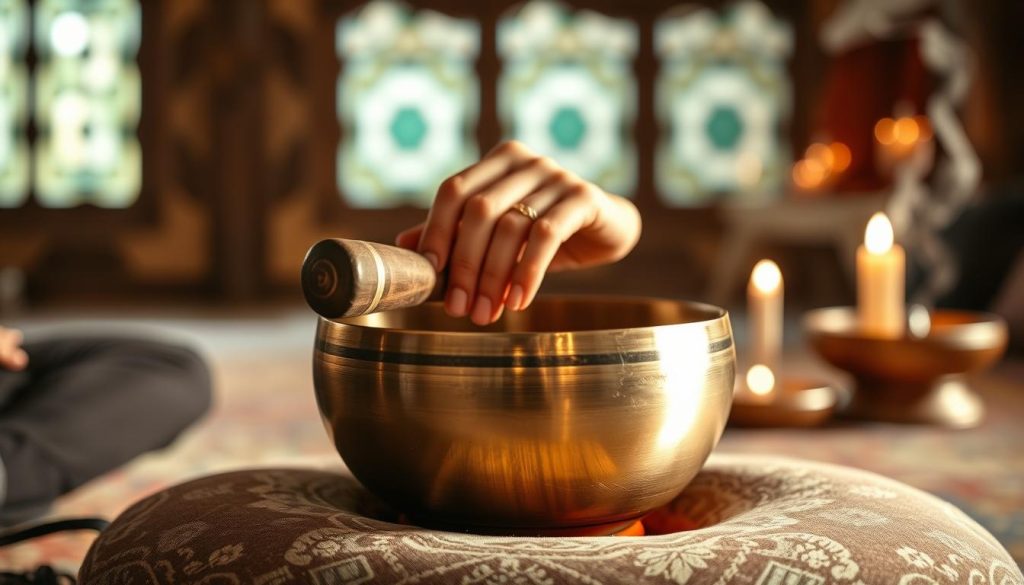 A serene and focused scene capturing a skilled practitioner gently rubbing a wooden mallet around the rim of a shimmering Tibetan singing bowl, creating a soft, melodic sound. The foreground features the bowl resting on a decorative cushion, embellished with traditional patterns. The middle ground showcases the practitioner's hand, adorned with modest jewelry, deliberately poised, emphasizing the motion of friction needed to make the bowl sing. In the background, a softly lit space filled with warm, ambient light enhances the tranquil atmosphere, with hints of incense smoke drifting softly. The scene is viewed from a slightly elevated angle, emphasizing the bowl’s smooth surface and intricate details, inviting viewers to feel the meditative experience. A serene and focused scene capturing a skilled practitioner gently rubbing a wooden mallet around the rim of a shimmering Tibetan singing bowl, creating a soft, melodic sound. The foreground features the bowl resting on a decorative cushion, embellished with traditional patterns. The middle ground showcases the practitioner's hand, adorned with modest jewelry, deliberately poised, emphasizing the motion of friction needed to make the bowl sing. In the background, a softly lit space filled with warm, ambient light enhances the tranquil atmosphere, with hints of incense smoke drifting softly. The scene is viewed from a slightly elevated angle, emphasizing the bowl’s smooth surface and intricate details, inviting viewers to feel the meditative experience.