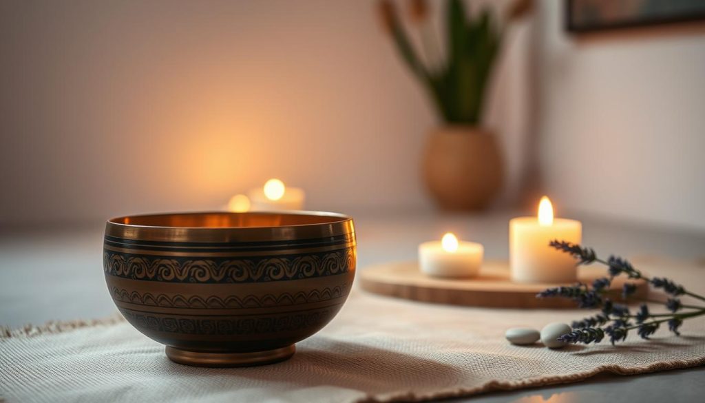 A serene and inviting scene featuring a Tibetan bowl (bol tibétain) placed gently on a soft, natural fabric mat. In the foreground, the bowl glimmers softly under warm, ambient lighting, emphasizing its intricate designs and textures. The middle ground includes a set of calming elements such as gently glowing candles, smooth pebbles, and a few sprigs of delicate lavender. In the background, a muted, tranquil space is enhanced by subtle bokeh effects; soft, blurred plants and a softly painted wall, creating an atmosphere of calm and relaxation. The overall mood is peaceful and harmonious, inviting the viewer to explore the gentle art of relaxation and mindfulness. A serene and inviting scene featuring a Tibetan bowl (bol tibétain) placed gently on a soft, natural fabric mat. In the foreground, the bowl glimmers softly under warm, ambient lighting, emphasizing its intricate designs and textures. The middle ground includes a set of calming elements such as gently glowing candles, smooth pebbles, and a few sprigs of delicate lavender. In the background, a muted, tranquil space is enhanced by subtle bokeh effects; soft, blurred plants and a softly painted wall, creating an atmosphere of calm and relaxation. The overall mood is peaceful and harmonious, inviting the viewer to explore the gentle art of relaxation and mindfulness.