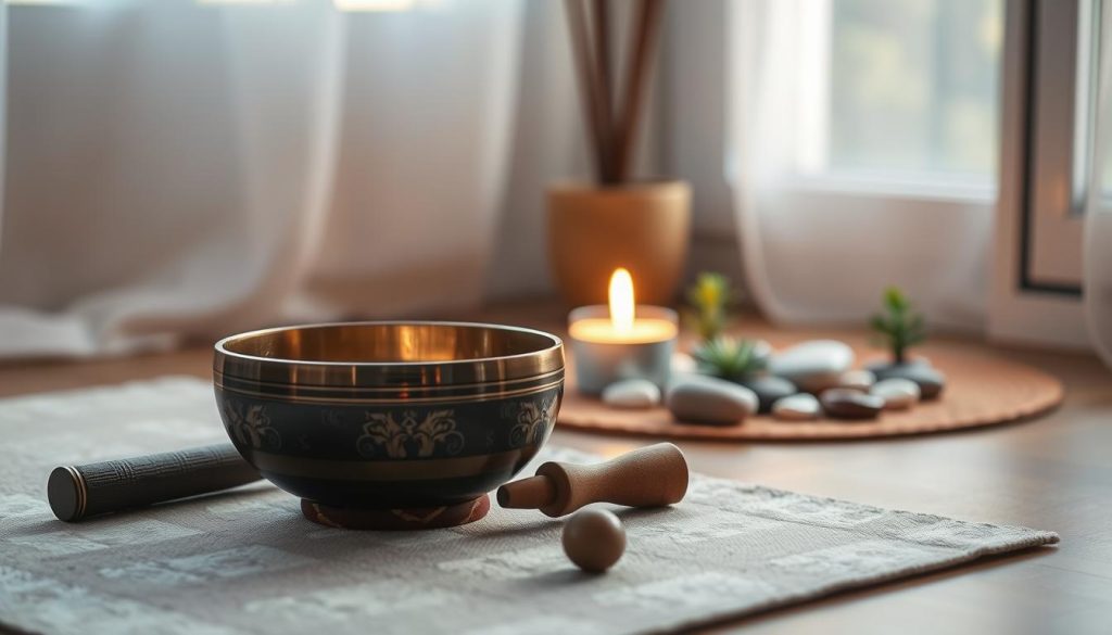 A serene and tranquil scene depicting a cozy corner dedicated to relaxation and mindfulness. In the foreground, a beautifully crafted Tibetan singing bowl sits on a soft mat, with a mallet resting beside it, reflecting delicate details like intricate engravings. In the middle ground, a gentle candle emits a warm, flickering glow, surrounded by smooth pebbles and small plants, enhancing the peaceful atmosphere. The background features softly blurred natural elements, perhaps a window with gentle sunlight streaming in, casting soft shadows. The mood is calm and inviting, with a focus on the ritual of integrating singing bowls into daily relaxation practices. Soft lighting highlights the textures of the bowl and mat, capturing a moment of serene contemplation. A serene and tranquil scene depicting a cozy corner dedicated to relaxation and mindfulness. In the foreground, a beautifully crafted Tibetan singing bowl sits on a soft mat, with a mallet resting beside it, reflecting delicate details like intricate engravings. In the middle ground, a gentle candle emits a warm, flickering glow, surrounded by smooth pebbles and small plants, enhancing the peaceful atmosphere. The background features softly blurred natural elements, perhaps a window with gentle sunlight streaming in, casting soft shadows. The mood is calm and inviting, with a focus on the ritual of integrating singing bowls into daily relaxation practices. Soft lighting highlights the textures of the bowl and mat, capturing a moment of serene contemplation.