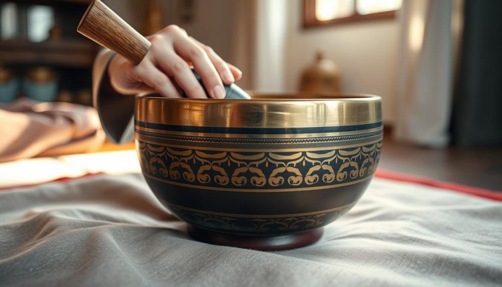 A serene, close-up view of a beautifully crafted Tibetan singing bowl, intricately designed with traditional patterns. The bowl is placed on a soft, textured fabric, emphasizing its elegant craftsmanship. In the foreground, a pair of skilled hands, wearing modest attire, gently rub the outside rim of the bowl with a wooden stick, creating a subtle resonance. The middle ground showcases the bowl vibrating, with gentle ripples emanating outward, capturing the essence of sound waves. The background is softly blurred, featuring a tranquil indoor setting with warm, diffused natural light, casting soft shadows that enhance the peaceful atmosphere. The scene evokes a sense of mindfulness and harmony, inviting viewers to engage in the meditative practice of sound. A serene, close-up view of a beautifully crafted Tibetan singing bowl, intricately designed with traditional patterns. The bowl is placed on a soft, textured fabric, emphasizing its elegant craftsmanship. In the foreground, a pair of skilled hands, wearing modest attire, gently rub the outside rim of the bowl with a wooden stick, creating a subtle resonance. The middle ground showcases the bowl vibrating, with gentle ripples emanating outward, capturing the essence of sound waves. The background is softly blurred, featuring a tranquil indoor setting with warm, diffused natural light, casting soft shadows that enhance the peaceful atmosphere. The scene evokes a sense of mindfulness and harmony, inviting viewers to engage in the meditative practice of sound.