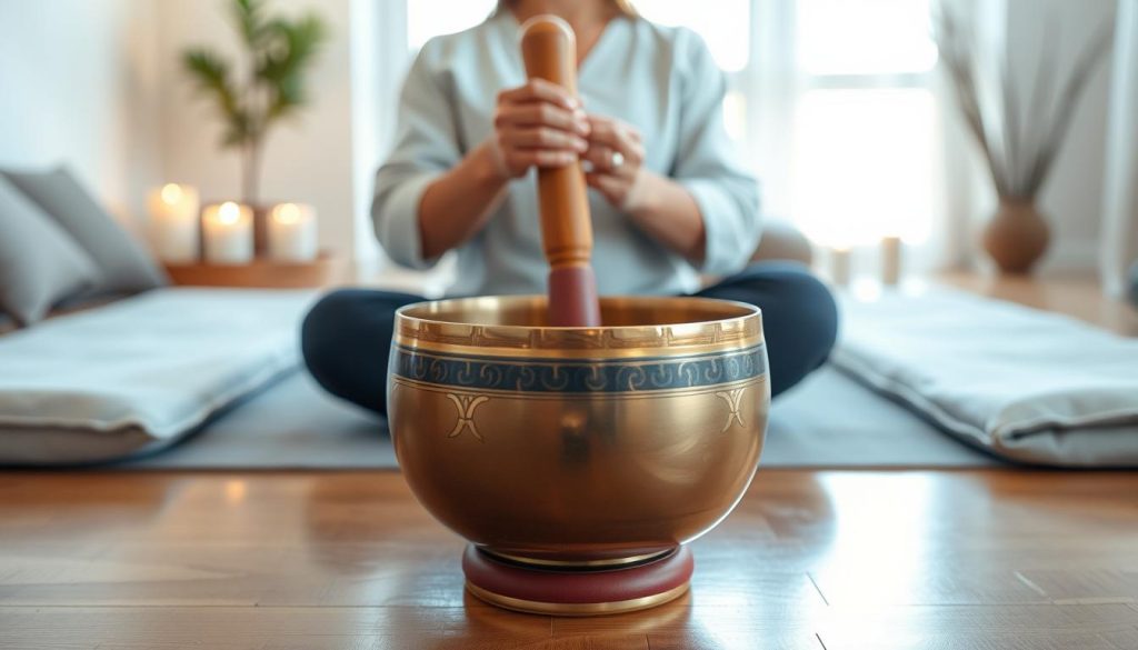 A serene indoor setting featuring a beautifully crafted Tibetan singing bowl placed prominently in the foreground. The bowl, made of shimmering bronze with intricate engravings, reflects warm, soft light. In the middle ground, a set of hands, wearing modest attire, gently holds the mallet, poised to strike the bowl, illustrating the essential gestures involved in its use. In the background, subtle elements like a neatly arranged meditation space with cushions and candles add depth, while soft natural light filters through a window, creating a calming atmosphere. The overall mood is peaceful and contemplative, inviting viewers to connect with the practice of using the Tibetan bowl to address common challenges. A serene indoor setting featuring a beautifully crafted Tibetan singing bowl placed prominently in the foreground. The bowl, made of shimmering bronze with intricate engravings, reflects warm, soft light. In the middle ground, a set of hands, wearing modest attire, gently holds the mallet, poised to strike the bowl, illustrating the essential gestures involved in its use. In the background, subtle elements like a neatly arranged meditation space with cushions and candles add depth, while soft natural light filters through a window, creating a calming atmosphere. The overall mood is peaceful and contemplative, inviting viewers to connect with the practice of using the Tibetan bowl to address common challenges.