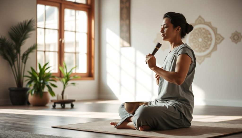 A serene indoor setting featuring a person practicing Tibetan bowl meditation. In the foreground, the practitioner, dressed in modest casual clothing, sits cross-legged on a soft mat, holding a beautifully crafted Tibetan singing bowl, gently striking it with a mallet. Their posture is upright yet relaxed, embodying tranquility. Soft natural light filters in from a window, casting gentle shadows that add depth. The middle ground includes a few verdant plants and an inviting low table with incense and candles, enhancing the meditative atmosphere. The background reveals a calming wall adorned with traditional Tibetan motifs. The overall mood is peaceful and contemplative, inviting the viewer to engage with the practice of mindfulness and serenity. A serene indoor setting featuring a person practicing Tibetan bowl meditation. In the foreground, the practitioner, dressed in modest casual clothing, sits cross-legged on a soft mat, holding a beautifully crafted Tibetan singing bowl, gently striking it with a mallet. Their posture is upright yet relaxed, embodying tranquility. Soft natural light filters in from a window, casting gentle shadows that add depth. The middle ground includes a few verdant plants and an inviting low table with incense and candles, enhancing the meditative atmosphere. The background reveals a calming wall adorned with traditional Tibetan motifs. The overall mood is peaceful and contemplative, inviting the viewer to engage with the practice of mindfulness and serenity.