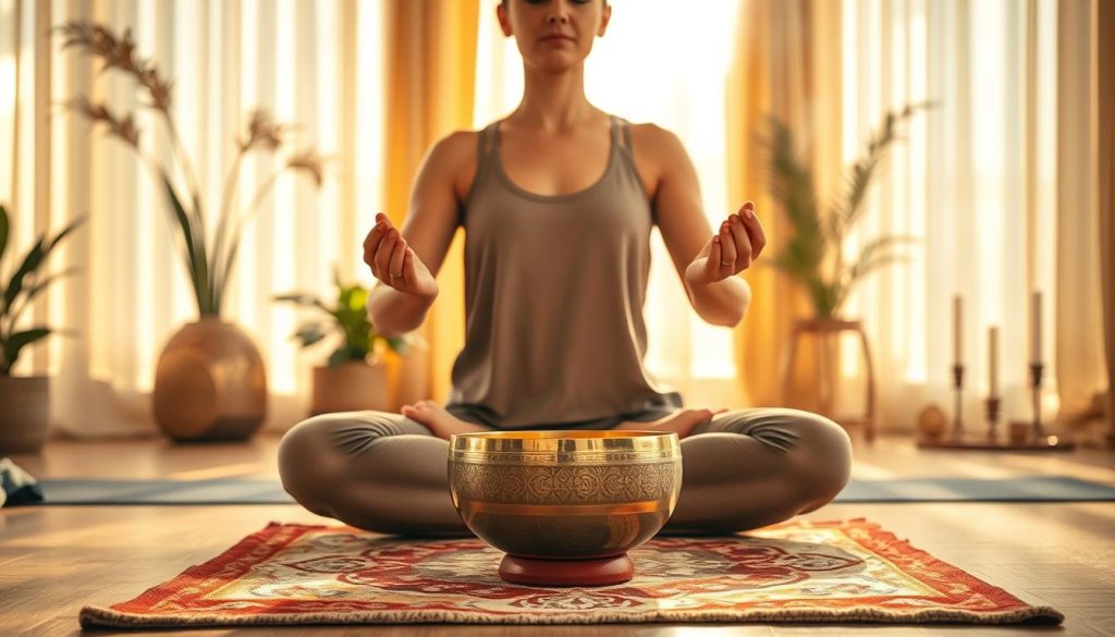 A serene indoor yoga studio setting, warmly lit by soft, golden natural light filtering through sheer curtains. In the foreground, a person seated in a cross-legged meditation posture, wearing comfortable, modest yoga attire, demonstrating a calm and focused demeanor. Their hands gently resting on their knees, palms facing up, embodying a sense of tranquility and readiness. In the middle, a beautifully crafted Tibetan singing bowl is placed on a plush, colorful mat beside them, showcasing intricate designs. The background features calming elements such as indoor plants, candles, and subtle incense smoke, enhancing the peaceful ambiance. The image captures a sense of mindfulness and preparation for using the Tibetan bowl, inviting a feeling of harmony and introspection. A serene indoor yoga studio setting, warmly lit by soft, golden natural light filtering through sheer curtains. In the foreground, a person seated in a cross-legged meditation posture, wearing comfortable, modest yoga attire, demonstrating a calm and focused demeanor. Their hands gently resting on their knees, palms facing up, embodying a sense of tranquility and readiness. In the middle, a beautifully crafted Tibetan singing bowl is placed on a plush, colorful mat beside them, showcasing intricate designs. The background features calming elements such as indoor plants, candles, and subtle incense smoke, enhancing the peaceful ambiance. The image captures a sense of mindfulness and preparation for using the Tibetan bowl, inviting a feeling of harmony and introspection.