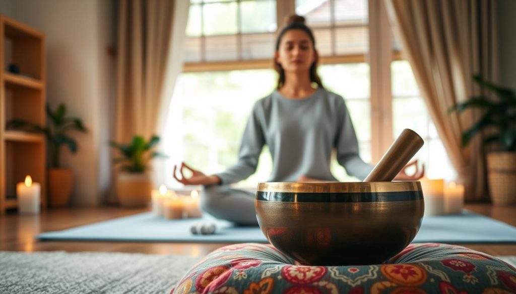 A serene meditation space is the focus, showcasing a tranquil atmosphere. In the foreground, a beautifully crafted Tibetan singing bowl rests on a soft, colorful cushion, with gentle vibrations visible as waves emanate from the bowl, symbolizing sound and energy. The middle ground features a peaceful individual, dressed in modest casual clothing, eyes closed and in a relaxed pose, surrounded by flickering candles that cast warm, soft light, enhancing the meditative mood. In the background, there are hints of nature—a small indoor plant and a window revealing a glimpse of a tranquil garden. The lighting is soft and diffused, creating an inviting and calming atmosphere, perfect for reflecting on the integration of the singing bowl in meditation rituals. A serene meditation space is the focus, showcasing a tranquil atmosphere. In the foreground, a beautifully crafted Tibetan singing bowl rests on a soft, colorful cushion, with gentle vibrations visible as waves emanate from the bowl, symbolizing sound and energy. The middle ground features a peaceful individual, dressed in modest casual clothing, eyes closed and in a relaxed pose, surrounded by flickering candles that cast warm, soft light, enhancing the meditative mood. In the background, there are hints of nature—a small indoor plant and a window revealing a glimpse of a tranquil garden. The lighting is soft and diffused, creating an inviting and calming atmosphere, perfect for reflecting on the integration of the singing bowl in meditation rituals.