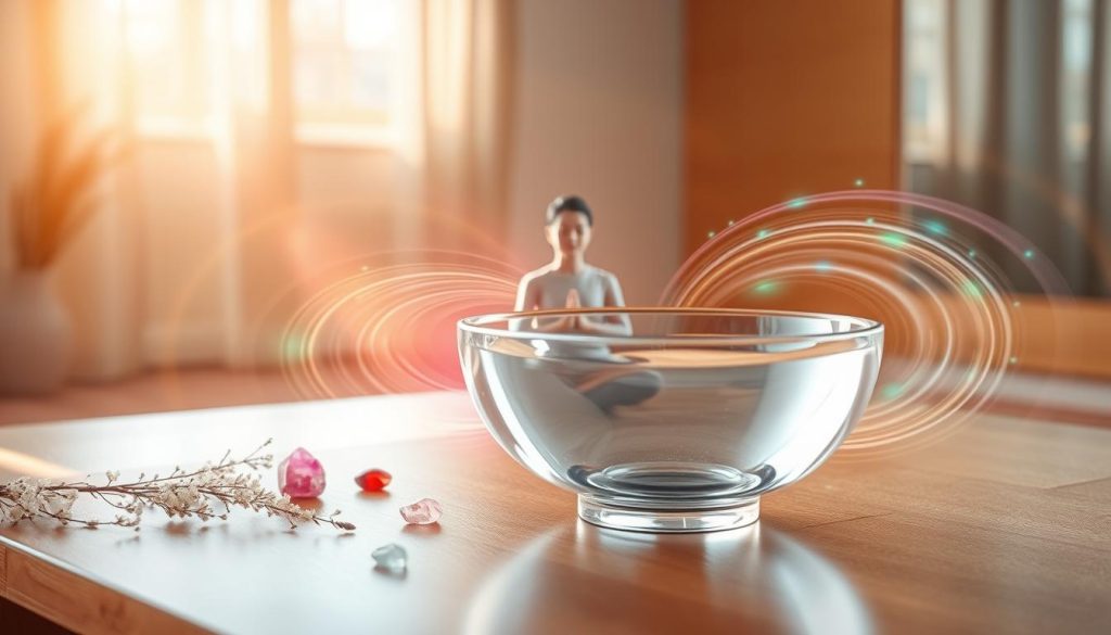 A serene, softly lit scene featuring a large, clear crystal bowl placed on a polished wooden surface, surrounded by delicate white sage and colorful crystals. In the foreground, gentle ripples of sound waves visually emanate from the bowl, depicted as vibrant, swirling patterns that interact harmoniously with a peaceful human figure meditating nearby, dressed in simple, modest clothing. In the middle ground, the figure's posture exudes calmness, with closed eyes and an expression of deep tranquility. The background showcases a tranquil room with soft, warm lighting, creating a cozy and introspective atmosphere, accented by subtle reflections of the sound waves on the walls. The image captures the ethereal nature of vibrational impact on both body and mind, evoking a sense of harmony and peace. A serene, softly lit scene featuring a large, clear crystal bowl placed on a polished wooden surface, surrounded by delicate white sage and colorful crystals. In the foreground, gentle ripples of sound waves visually emanate from the bowl, depicted as vibrant, swirling patterns that interact harmoniously with a peaceful human figure meditating nearby, dressed in simple, modest clothing. In the middle ground, the figure's posture exudes calmness, with closed eyes and an expression of deep tranquility. The background showcases a tranquil room with soft, warm lighting, creating a cozy and introspective atmosphere, accented by subtle reflections of the sound waves on the walls. The image captures the ethereal nature of vibrational impact on both body and mind, evoking a sense of harmony and peace.