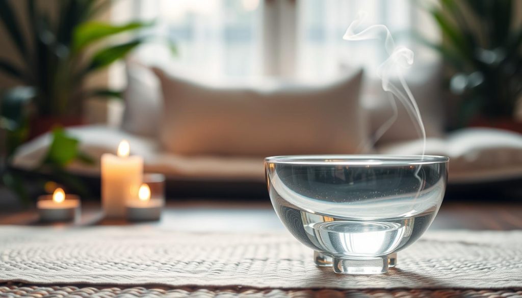 A serene, therapeutic scene featuring a crystal singing bowl placed on a softly woven mat in the foreground, with delicate light reflecting through the transparent bowl, casting gentle rainbows on the surface. In the middle ground, a set of calming candles flicker softly, creating a warm, inviting ambiance. Light incense smoke curls around, adding to the meditative atmosphere. In the blurred background, lush greenery and soft pillows hint at a tranquil meditation space. The overall lighting is soft and ethereal, evoking a sense of peace and mindfulness. The angle captures a close-up of the singing bowl, highlighting its intricate details and the reflections, inviting the viewer into a moment of relaxation and healing. The mood is tranquil and restorative. A serene, therapeutic scene featuring a crystal singing bowl placed on a softly woven mat in the foreground, with delicate light reflecting through the transparent bowl, casting gentle rainbows on the surface. In the middle ground, a set of calming candles flicker softly, creating a warm, inviting ambiance. Light incense smoke curls around, adding to the meditative atmosphere. In the blurred background, lush greenery and soft pillows hint at a tranquil meditation space. The overall lighting is soft and ethereal, evoking a sense of peace and mindfulness. The angle captures a close-up of the singing bowl, highlighting its intricate details and the reflections, inviting the viewer into a moment of relaxation and healing. The mood is tranquil and restorative.